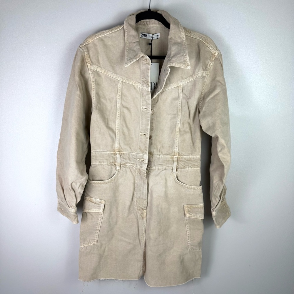 ZARA Utility Jacket Dress L Beige Denim Shirt Dress Long Sleeve Cotton Pocket